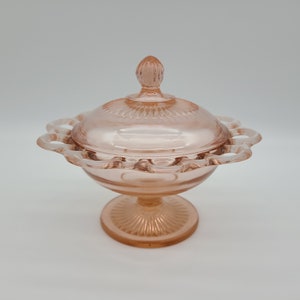 Pink old colony Lace edge Depression glass Compote with Cover
