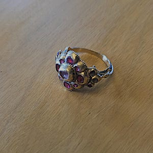 May include: A gold-toned ring with a cluster of red gemstones. The ring features a central, larger stone surrounded by smaller gems, creating a floral or starburst design. The band has a textured, braided appearance.