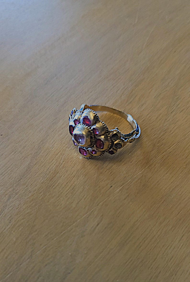 May include: A gold-toned ring with a cluster of red gemstones. The ring features a central, larger stone surrounded by smaller gems, creating a floral or starburst design. The band has a textured, braided appearance.