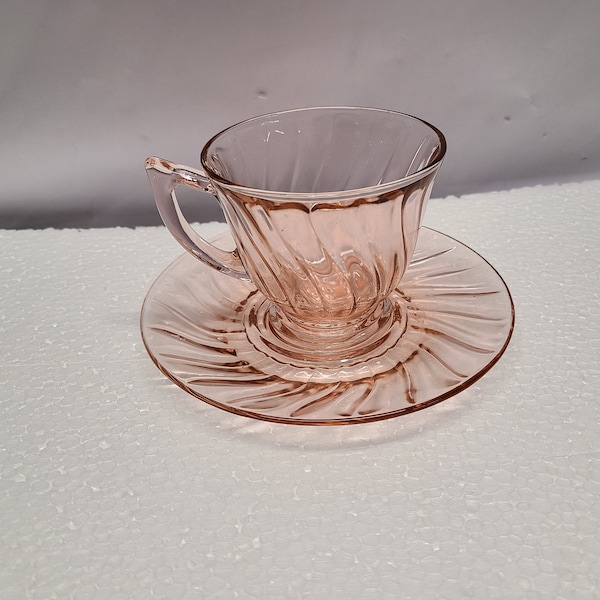 Pink swirl Depression glass  Tea cup and saucer MINT