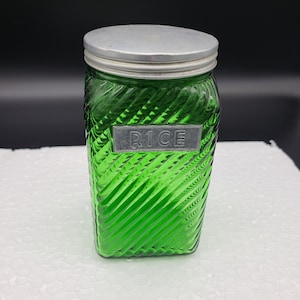 Green  5 1/4&quot; rice jar by Owens-Illinois glass company.