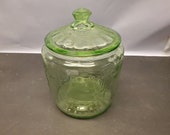 Green cameo depression glass cookie jar with lid