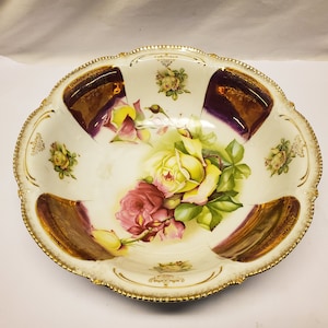 Fancy gold and yellow pink flower bowl made in germany 10 1/2 x 3 inches
