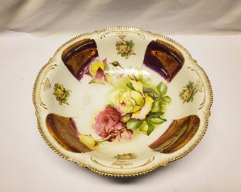 Fancy gold and yellow pink flower bowl made in germany 10 1/2 x 3 inches