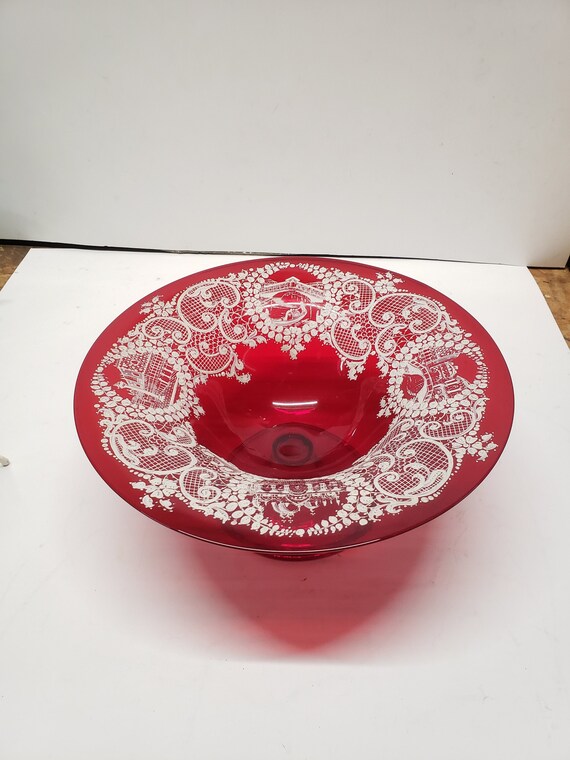 Antique Salviati Moser Ruby Red White Lace Murano Glass Compote