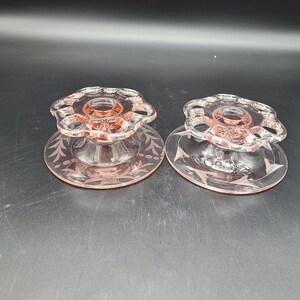 Pair of Pink etched glass candle holders lancaster glass open work