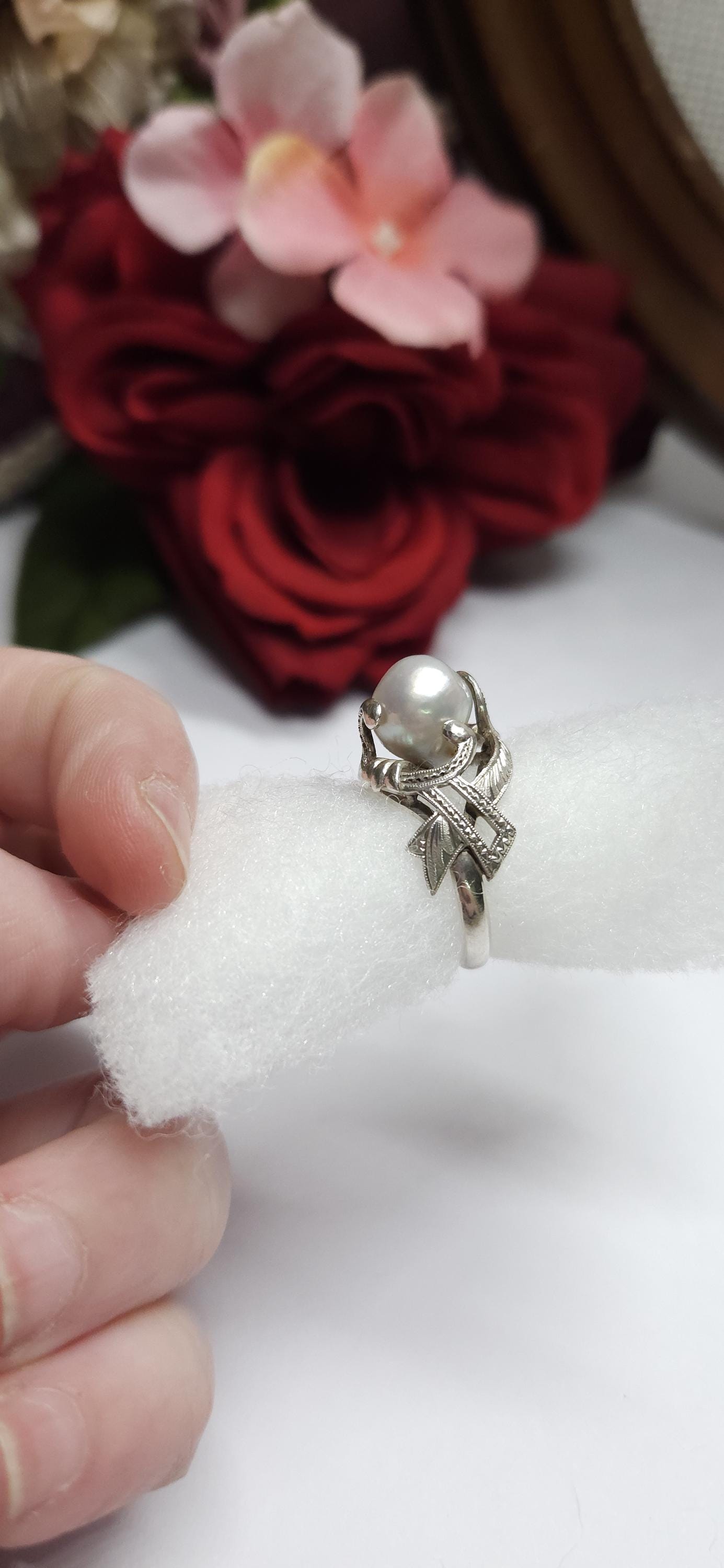 Vintage Sterling Silver & Genuine Blue Pearl Orante Etched
