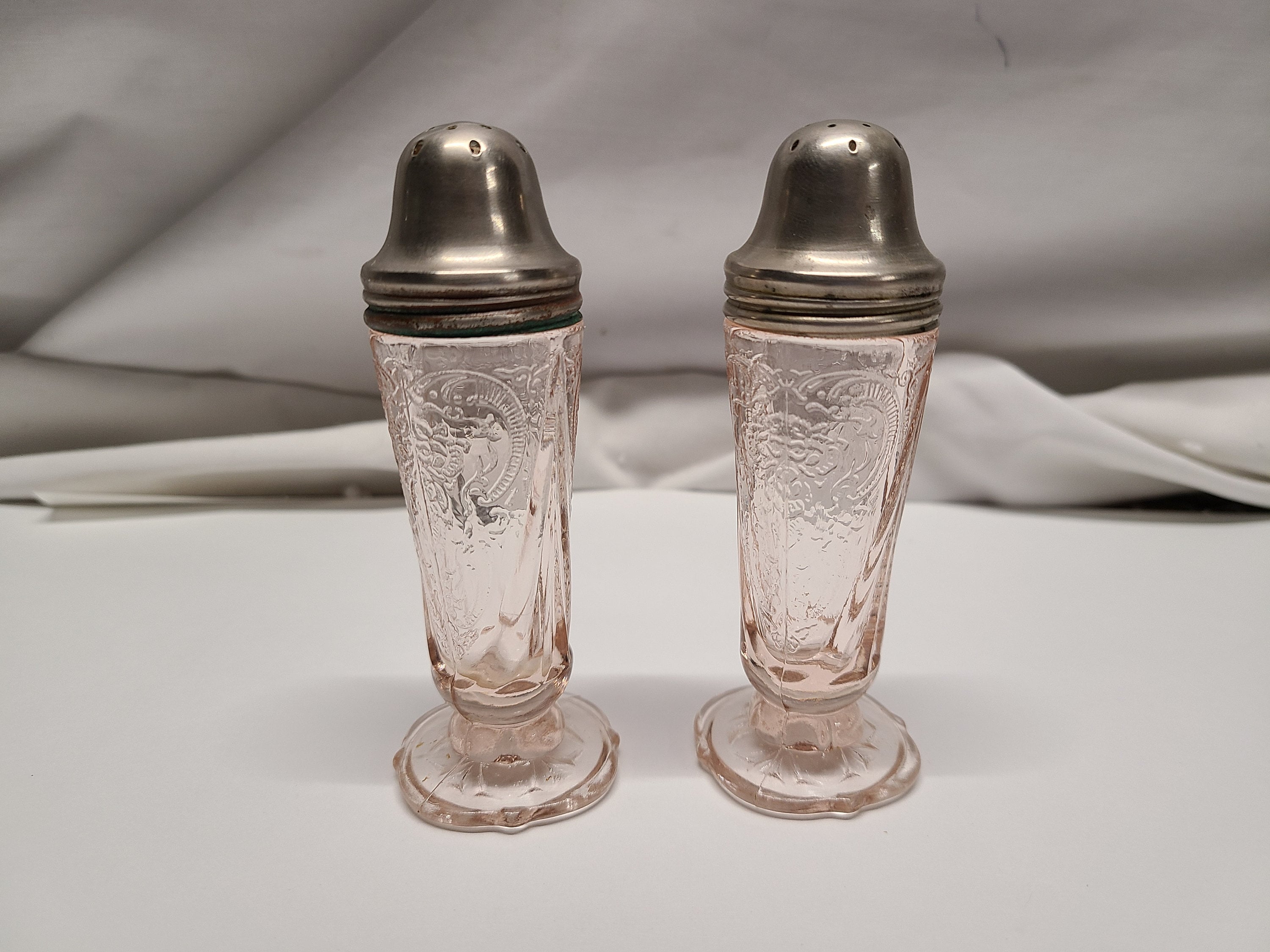 Pink Royal Lace Depression Glass Salt and Pepper Shakers Etsy UK