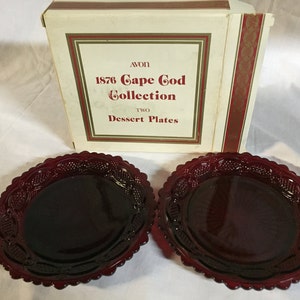 MIB Pair Vintage Avon cape cod ruby red 7 1/2&quot; Dessert plates mint in box. Plates are mint not the boxes.