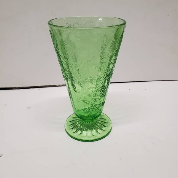 Green Floral Poinsetta Depression glass lemonade 5 1/4" footed tumbler