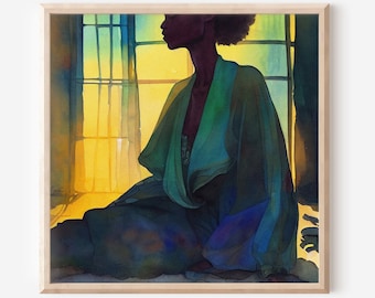 Black Woman Watercolor Art Print: Slender Silhouette by Window