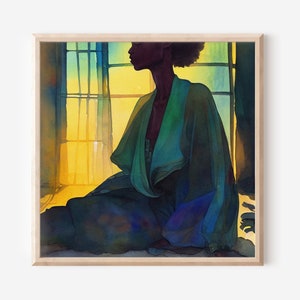 Beautiful Slender Black Woman Sitting By The Window Watercolor Art Illustration, Black Woman Art Print, Black Women Gift