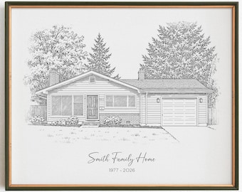 May include: A framed black and white line art drawing of a single-story house with a garage and trees. The text Smith Family Home and 1977-2026 is printed below the house illustration. The artwork is enclosed in a thin dark frame with a copper edge.