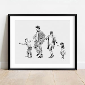 black and white family portrait drawing