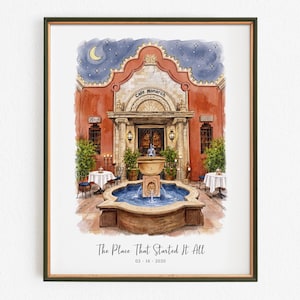 May include: A watercolor print of a terracotta-colored building facade labeled Cafe Monarch, featuring a central stone fountain, outdoor tables with white cloths, and a starry night sky. The text reads The Place That Started It All 02-16-2020.