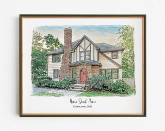 Custom Watercolor House Portrait On Paper Or Canvas, Personalized House Warming Gift For New Home Or Realtor Closing Gift