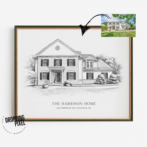 May include: A black and white architectural sketch of a two-storey house with a gabled roof, stone facade, and dark shutters. Below the drawing, the text reads THE HARRISON HOME and 1818 UNBRIDLED WAY, BLACKLICK, OH. A small reference photo is included.