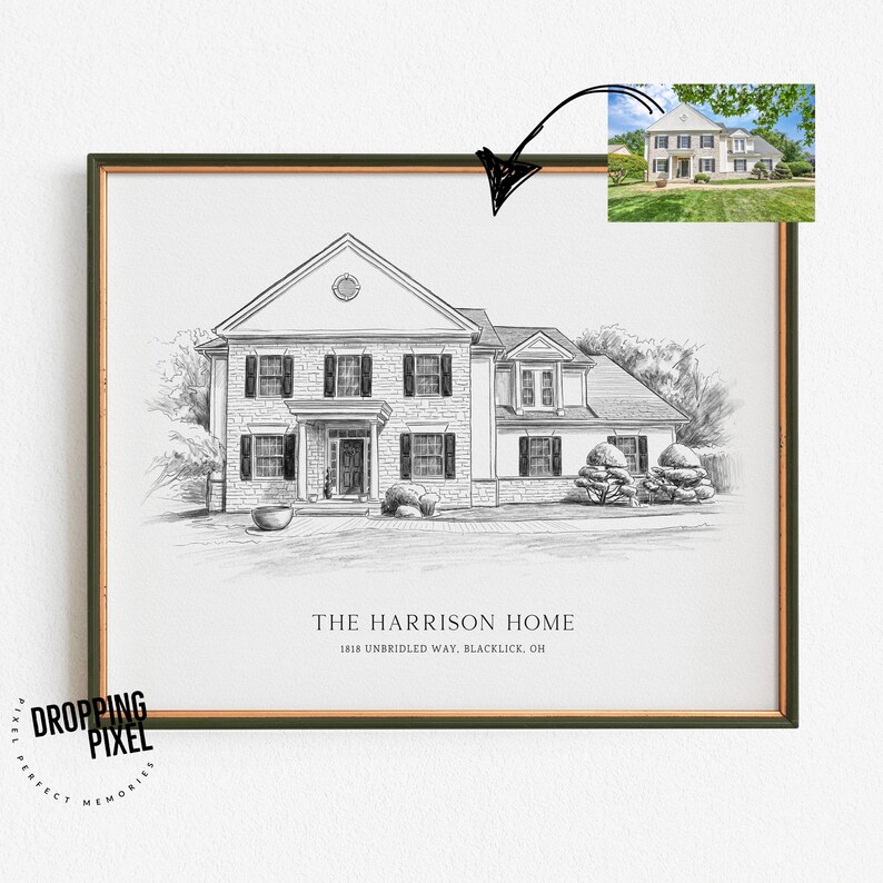 May include: A black and white architectural sketch of a two-storey house with a gabled roof, stone facade, and dark shutters. Below the drawing, the text reads THE HARRISON HOME and 1818 UNBRIDLED WAY, BLACKLICK, OH. A small reference photo is included.