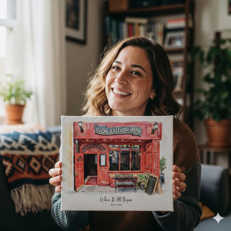 May include: A watercolor painting of a red building with the text "Olde Village Inne" on a canvas. The painting also includes the text "Where It All Began" and the date "08-24-2014". The building has a red facade, a black chalkboard, and a bench.