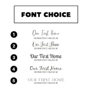 May include: A black and white graphic displaying font options for text. The text "FONT CHOICE" is at the top. Below are five different font styles for "Our First Home" with the address "555 MAIN STREET | RALEIGH, NC".