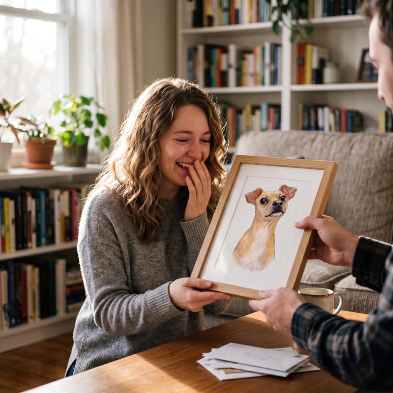 May include: A framed watercolor portrait of a tan and brown dog is being presented to a woman. The portrait is in a light wood frame. The woman is smiling and laughing. The background includes a bookshelf and a window.
