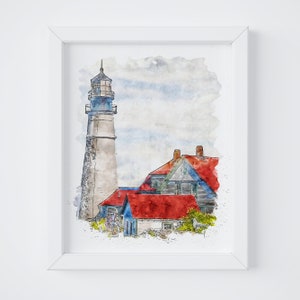 Lighthouse Printable, Lighthouse Watercolor, Lighthouse Wall Decor, Lighthouse Wall Art, Lighthouse Art, Portsmouth, Coastal Print image 1