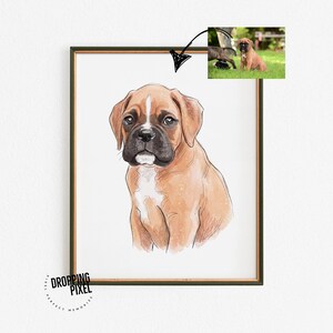 May include: A framed art print featuring a watercolor-style illustration of a Boxer puppy. The dog has a brown coat with white markings on its face and chest. A small inset photo shows the puppy in a grassy outdoor setting. The frame is dark green, and the print has the text "DROPPING PIXEL PERFECT MEMORIES."