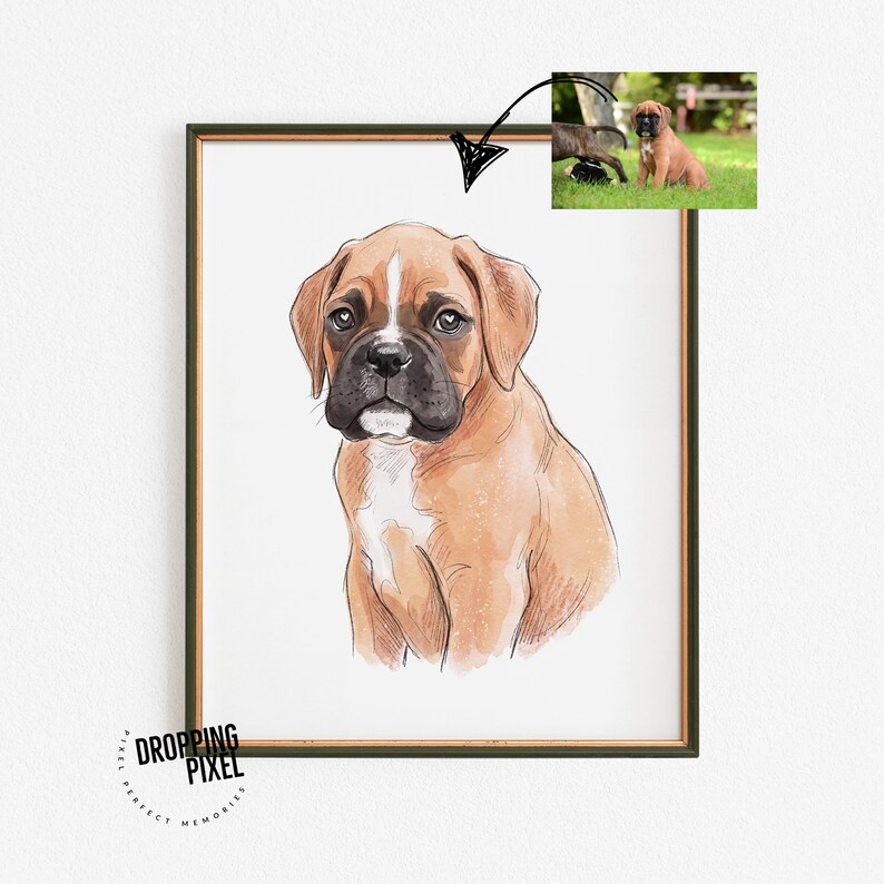 May include: A framed art print featuring a watercolor-style illustration of a Boxer puppy. The dog has a brown coat with white markings on its face and chest. A small inset photo shows the puppy in a grassy outdoor setting. The frame is dark green, and the print has the text "DROPPING PIXEL PERFECT MEMORIES."