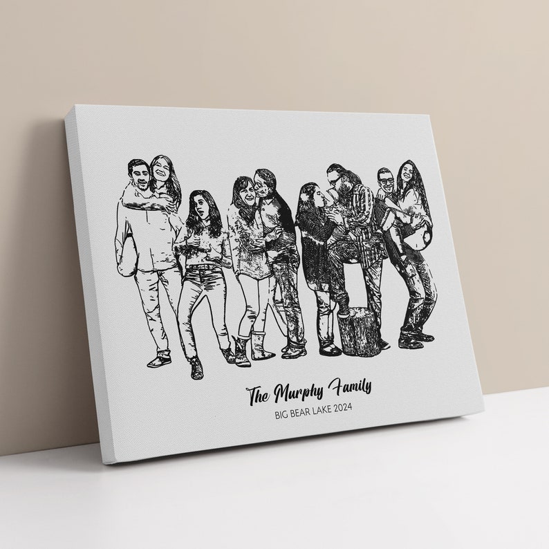 Portrait de famille à partir d'une photo, dessin personnalisé en noir et blanc, illustration de famille pour cadeau de pendaison de crémaillère, croquis personnalisé à partir d'une photo image 5