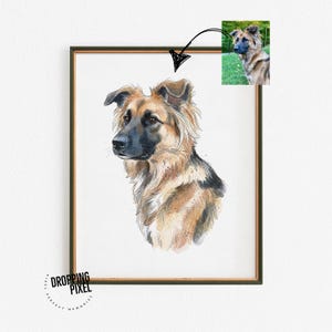 May include: Watercolor portrait of a German Shepherd dog in a wooden frame. The artwork features the dog's head and shoulders, showcasing its brown, black, and tan fur. A smaller photo of the dog is in the upper right corner. The frame has a dark green border.