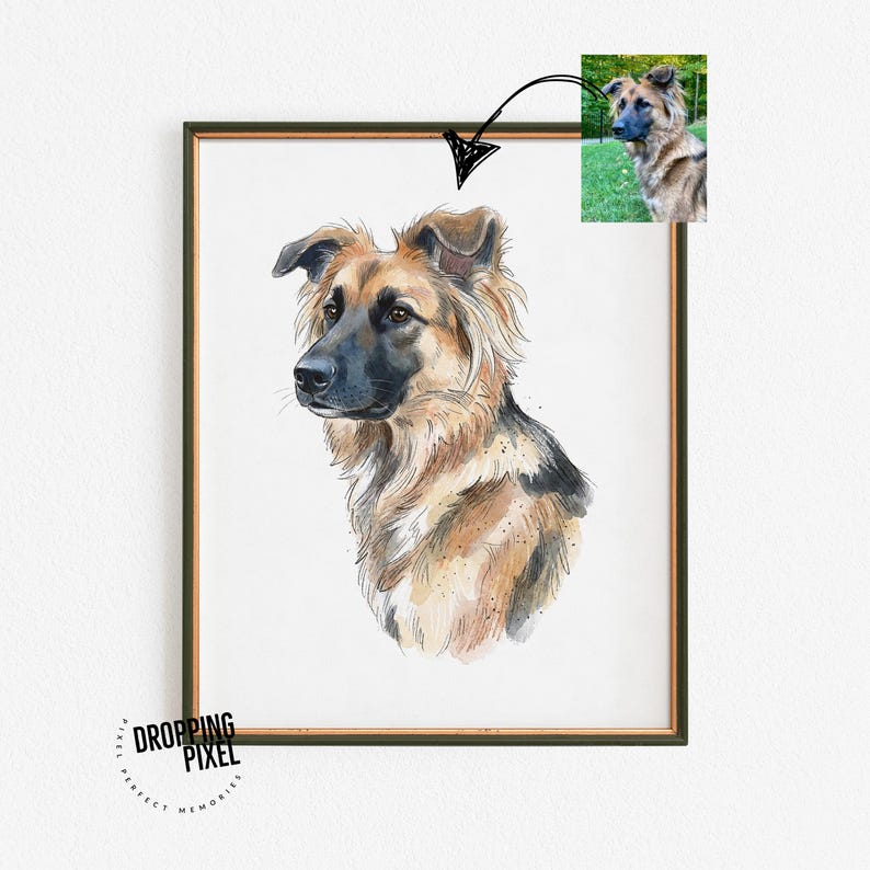 May include: Watercolor portrait of a German Shepherd dog in a wooden frame. The artwork features the dog's head and shoulders, showcasing its brown, black, and tan fur. A smaller photo of the dog is in the upper right corner. The frame has a dark green border.