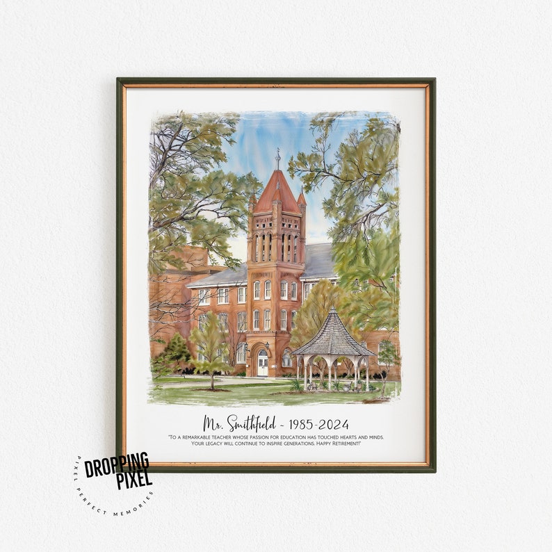 Retirement Gift For Teacher Or Principal, Watercolor School Painting Portrait, Personalized Retirement Keepsake, Retired Teacher Painting image 9