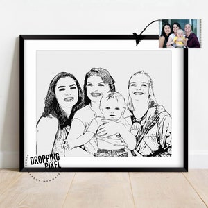 Portrait de famille à partir d'une photo, dessin personnalisé en noir et blanc, illustration de famille pour cadeau de pendaison de crémaillère, croquis personnalisé à partir d'une photo image 10