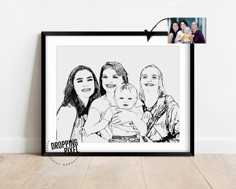 Portrait de famille à partir d'une photo, dessin personnalisé en noir et blanc, illustration de famille pour cadeau de pendaison de crémaillère, croquis personnalisé à partir d'une photo image 10