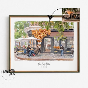 May include: Watercolor print of a cafe scene with people seated at tables under umbrellas. The artwork features a brown awning, a curved building, and the text "Our First Date" with the date 11-15-22.