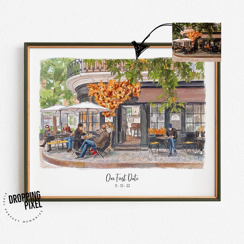 May include: Watercolor print of a cafe scene with people seated at tables under umbrellas. The artwork features a brown awning, a curved building, and the text "Our First Date" with the date 11-15-22.