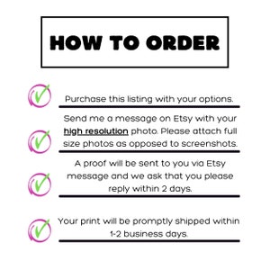 May include: White background with black text that reads "HOW TO ORDER". Instructions include purchasing the listing, sending a high-resolution photo, and replying to a proof within 2 days. The print will be shipped within 1-2 business days.
