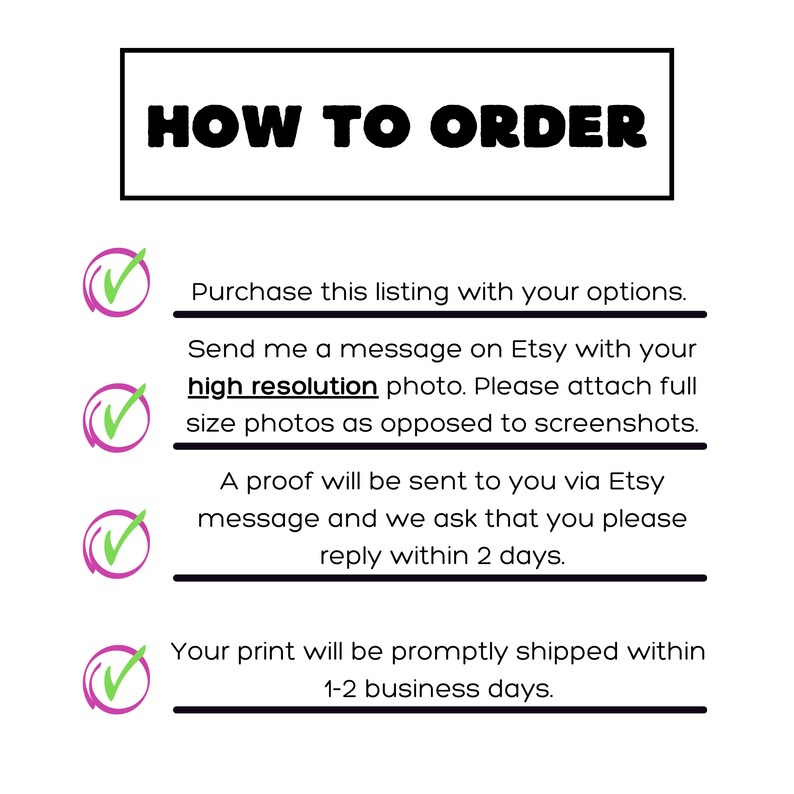 May include: White background with black text that reads "HOW TO ORDER". Instructions include purchasing the listing, sending a high-resolution photo, and replying to a proof within 2 days. The print will be shipped within 1-2 business days.