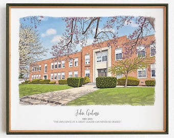 Retirement Gift For Teacher Or Principal, Watercolor School Painting Portrait, Personalized Retirement Keepsake, Retired Teacher Painting