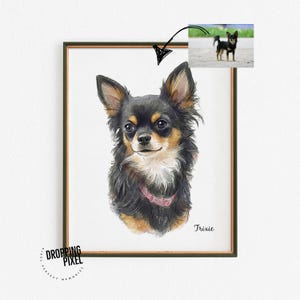 May include: A framed watercolor portrait of a Chihuahua dog with black, tan, and white fur, wearing a pink collar. The dog's name, "Trixie," is written in script below the portrait. A small photo of the dog is in the upper right corner.