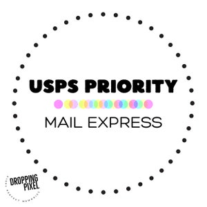 May include: A white graphic with the text "USPS PRIORITY MAIL EXPRESS" in black, surrounded by a dotted circle. Below the text is a row of overlapping pastel circles. The logo for "Dropping Pixel Perfect Memories" is in the lower left corner.