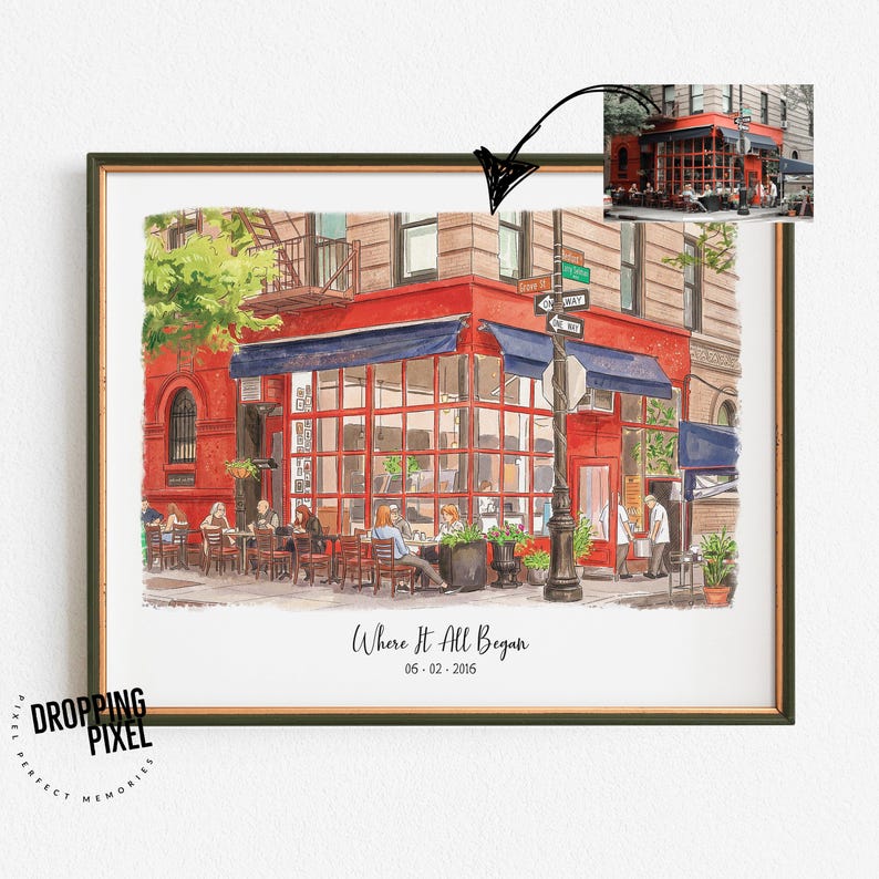 May include: Framed watercolor print of a red brick building with a blue awning and large windows. The print includes the text "Where It All Began" and the date 06-02-2016. The image is in a gold frame.