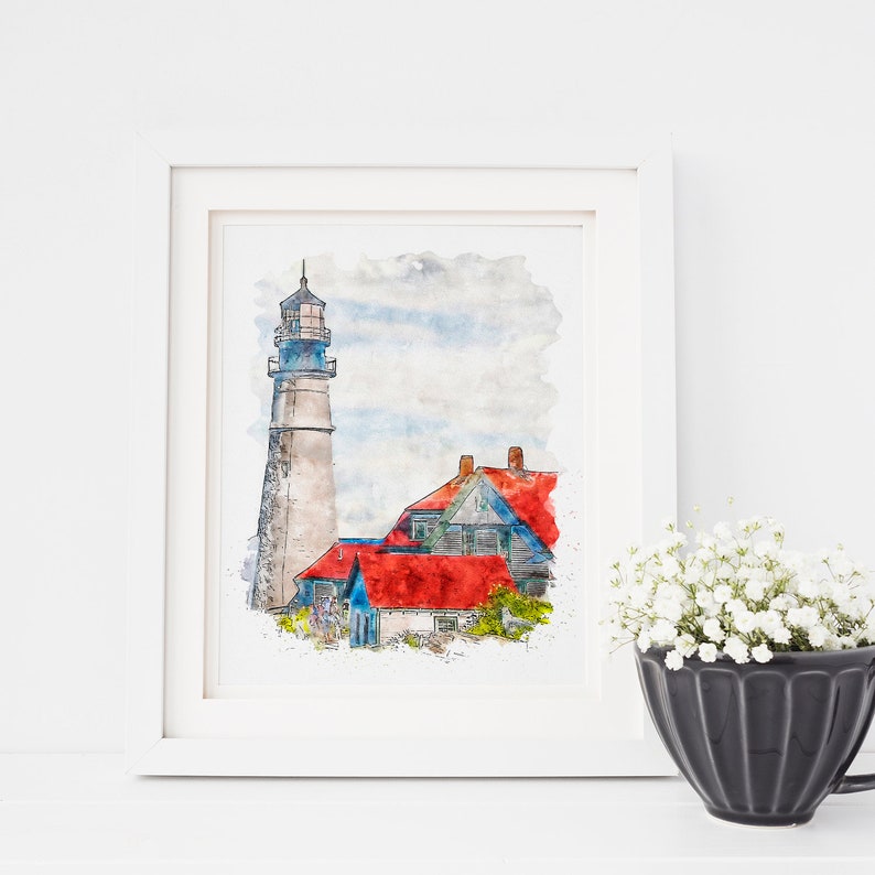 Lighthouse Printable, Lighthouse Watercolor, Lighthouse Wall Decor, Lighthouse Wall Art, Lighthouse Art, Portsmouth, Coastal Print image 2