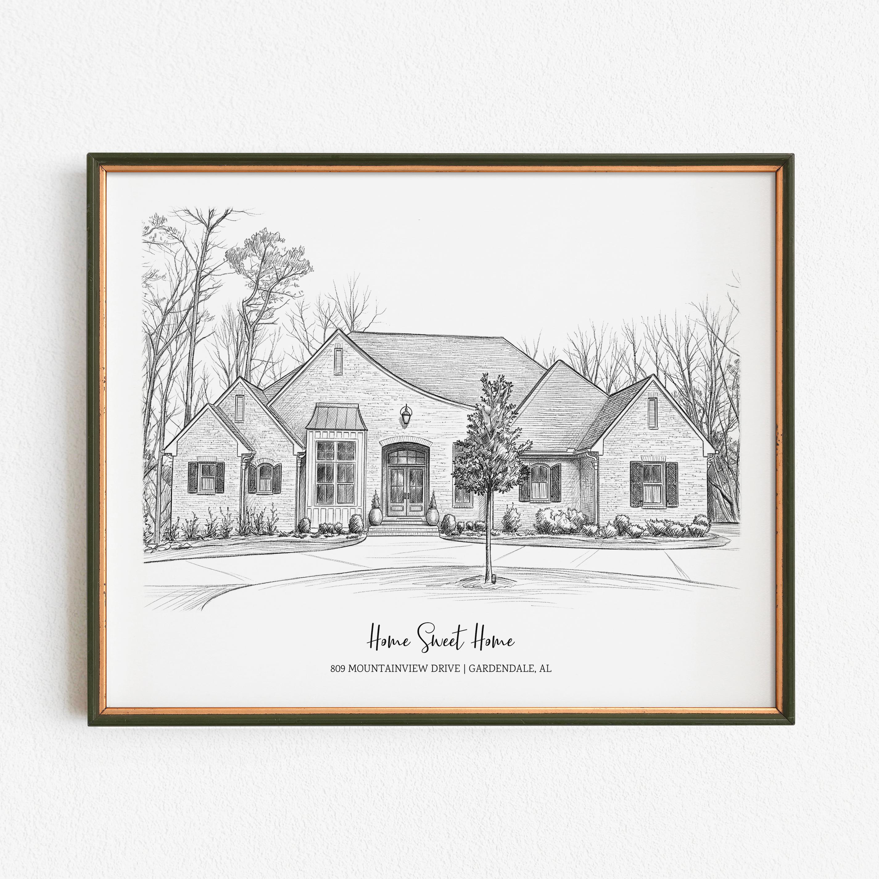 Custom House Sketch Portrait, Black White Home Illustration ...