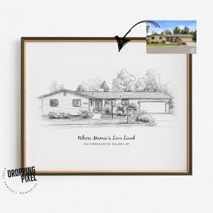 May include: A black and white line art drawing of a single-storey ranch house with a garage, trees, and a stone pillar. Below the house, the text reads: Where Mamie's Love Lived, 3510 TIMBERLINE DR. BILLINGS, MT. A small reference photo is included.