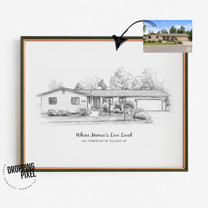 May include: A black and white line art drawing of a single-storey ranch house with a garage, trees, and a stone pillar. Below the house, the text reads: Where Mamie's Love Lived, 3510 TIMBERLINE DR. BILLINGS, MT. A small reference photo is included.