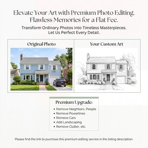 May include: A digital graphic displaying a photo editing service. It features a blue house as the original photo next to a black and white line drawing version. Text includes Elevate Your Art with Premium Photo Editing and Premium Upgrade.