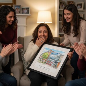 May include: A framed watercolor painting of a building is held by a woman surrounded by four other women. The painting has a black frame and features a building with red, blue, and green elements. The women are smiling and clapping.