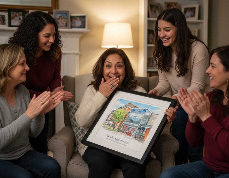 May include: A framed watercolor painting of a building is held by a woman surrounded by four other women. The painting has a black frame and features a building with red, blue, and green elements. The women are smiling and clapping.