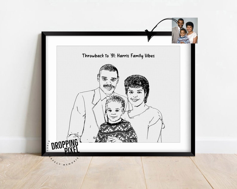 Portrait de famille à partir d'une photo, dessin personnalisé en noir et blanc, illustration de famille pour cadeau de pendaison de crémaillère, croquis personnalisé à partir d'une photo image 7